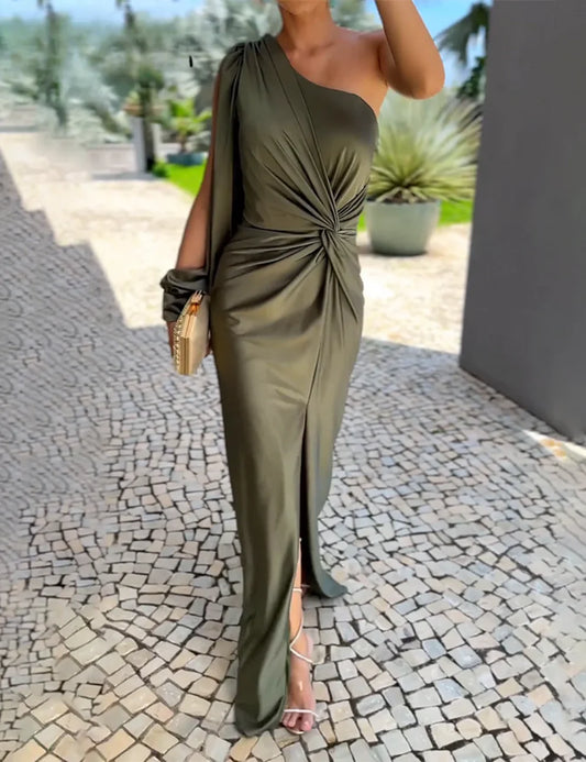 Elena One-Shoulder Maxi Dress – Elegant Olive Green